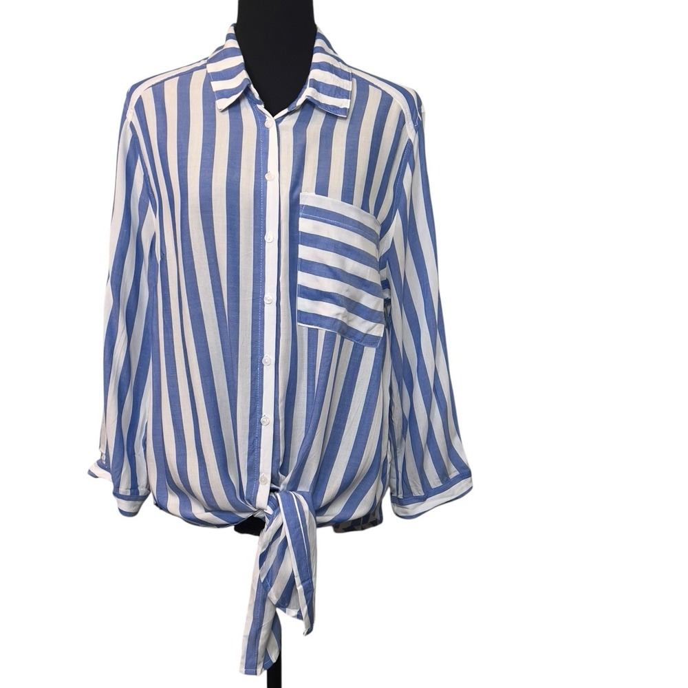 Lost+Wander Striped Button Up Shirt Blue White Tie Front‎ Roll Tab Sleeve Size M